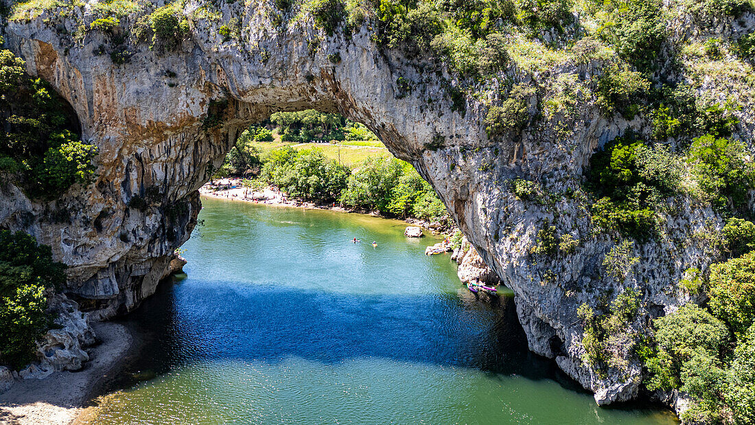 Aerial of the Pont d'Arc, Ardeche River gorge, Ardeche, Auvergne-Rhone-Alpes, France, Europe