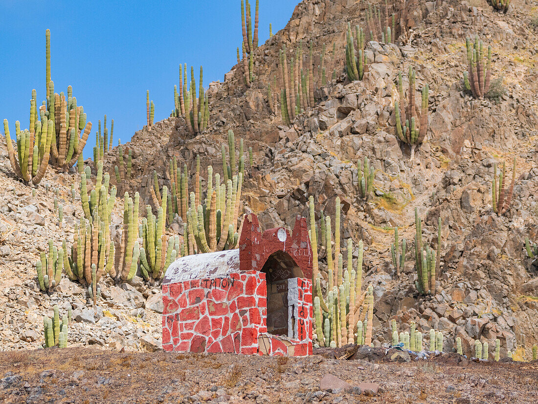 Kleiner Schrein in Puerto Refugio am nördlichen Ende der Insel Angel de la Guarda, Baja California, Sea of Cortez, Mexiko, Nordamerika