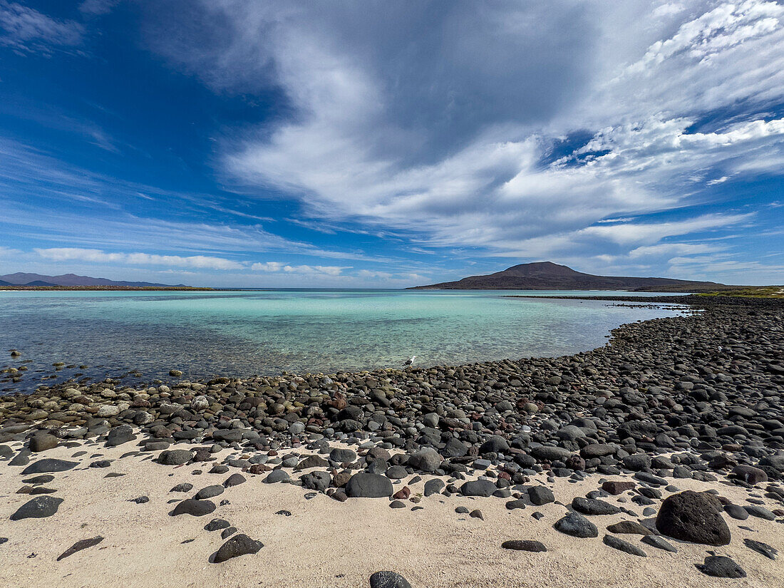 A view of the small bay and the extinct volcano on the south side of Isla Coronado, Baja California Sur, Sea of Cortez, Mexico, North America