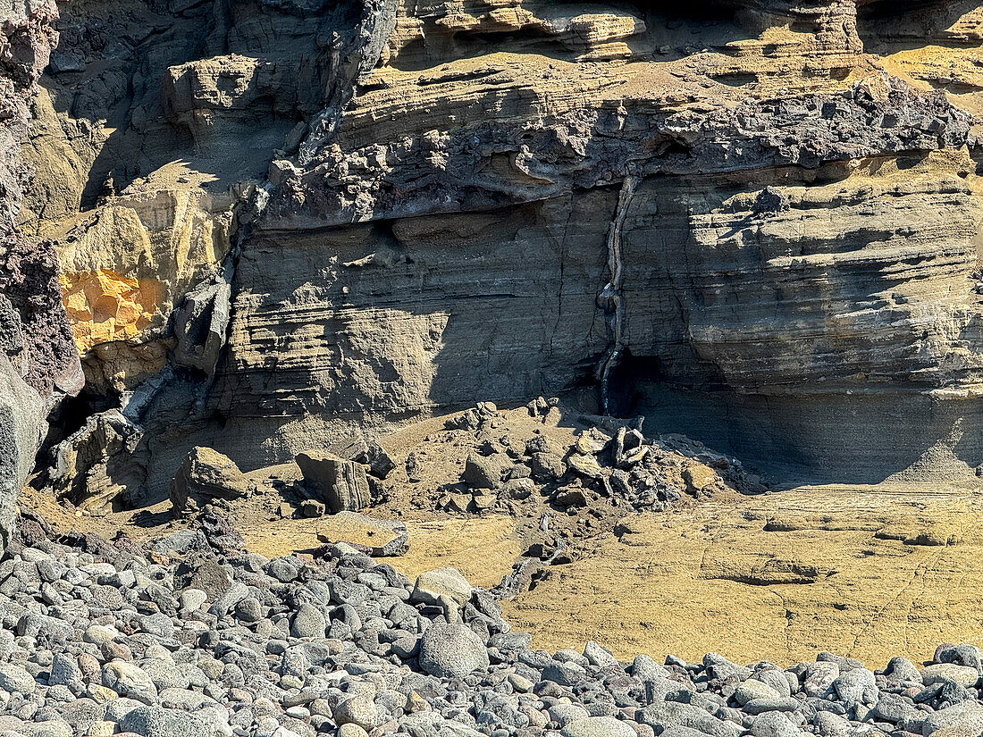 Layers of lava flows and tuff from the dormant volcano on Isla Tortuga, Baja California, Sea of Cortez, Mexico, North America