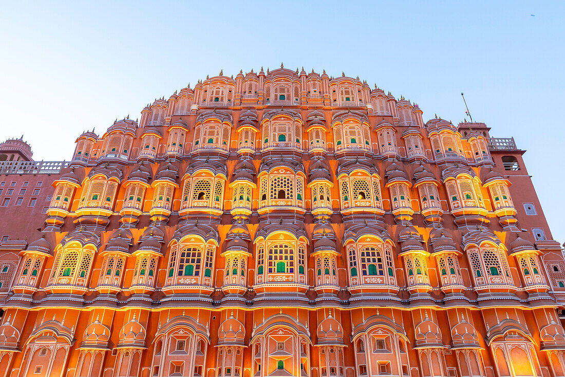 Hawa Mahal (Palace of the Winds) at dusk, Jaipur, Rajasthan, India, South Asia, Asia