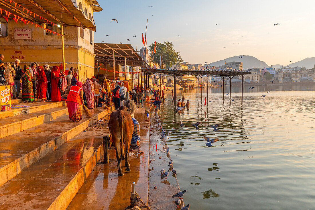 Pilgrims at Pushkar Lake at sunrise, Pushkar, Rajasthan, India, South Asia, Asia