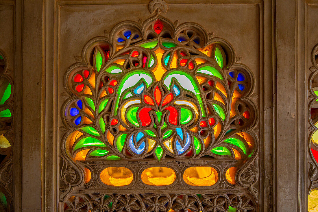 Stained Glass Window in the City Palace, Udaipur, Rajasthan, India, South Asia, Asia