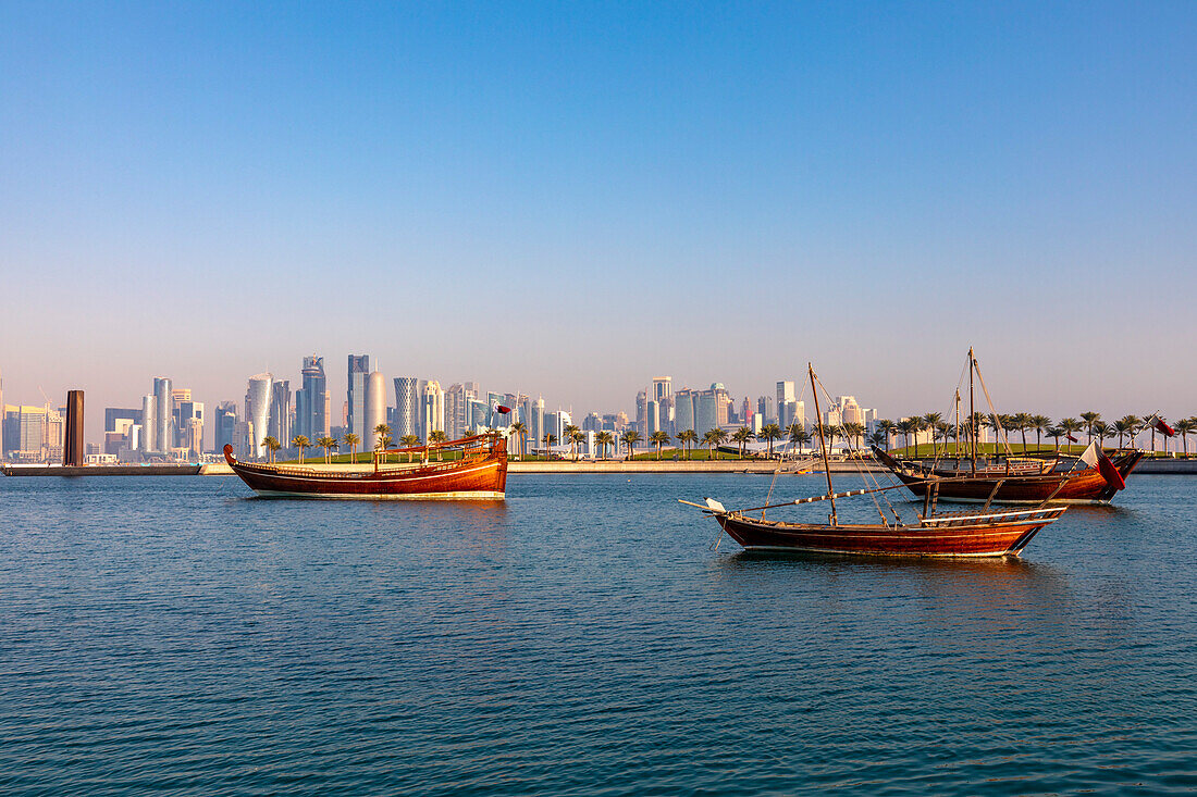 Doha Skyline and Traditional Dhow, Doha, Qatar, Middle East