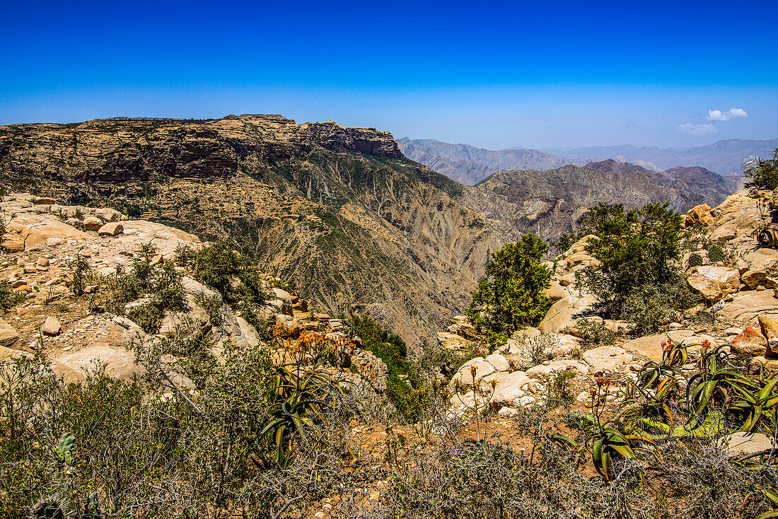 Blick über einen riesigen Canyon von der prä-aksumitischen Siedlung Qohaito (Koloe), Eritrea, Afrika