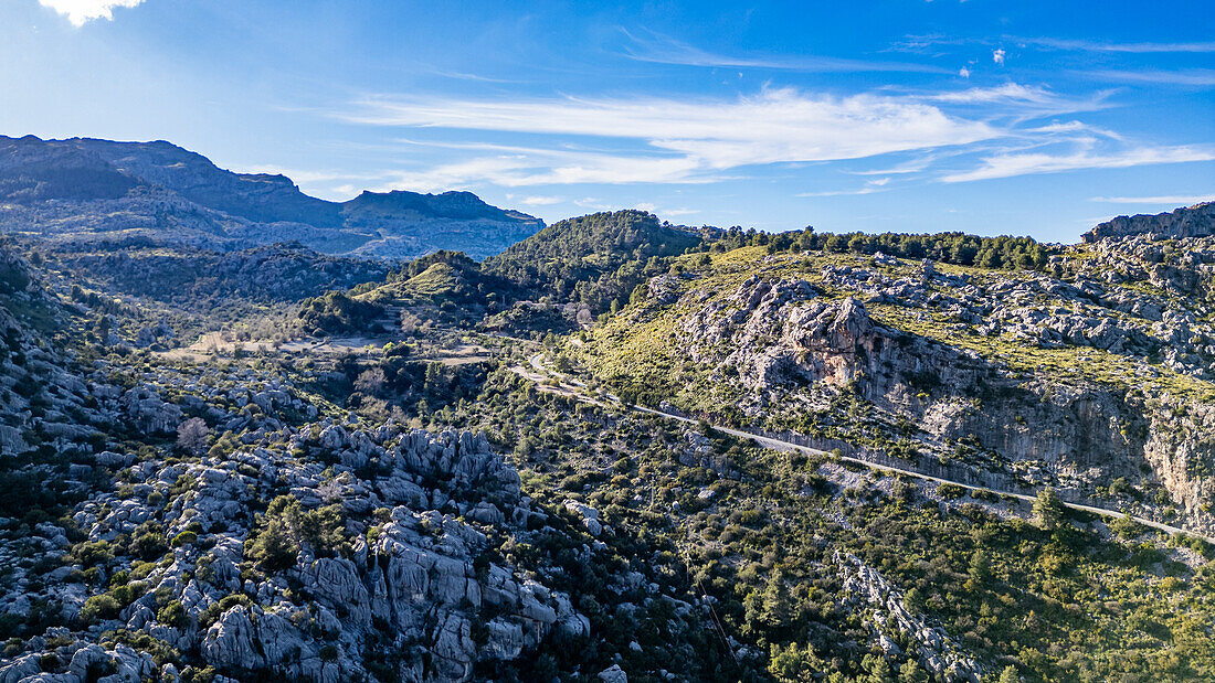 Aerial of the beautiful valley behind Pollenca, Mallorca, Balearic islands, Spain, Mediterranean, Europe