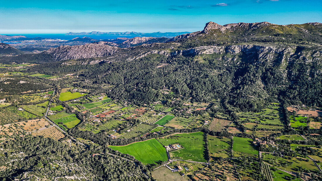 Luftaufnahme des schönen Tals hinter Pollenca, Mallorca, Balearen, Spanien, Mittelmeer, Europa