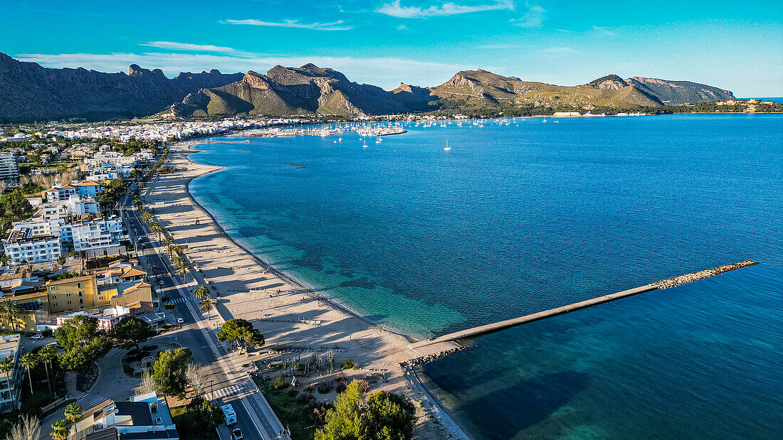 Aerial of Port de Pollenca, Mallorca, Balearic islands, Spain, Mediterranean, Europe