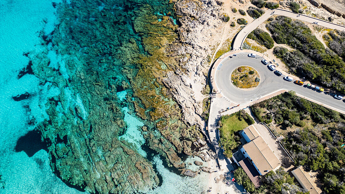 Aerial of Agulla beach, Mallorca, Balearic islands, Spain, Mediterranean, Europe