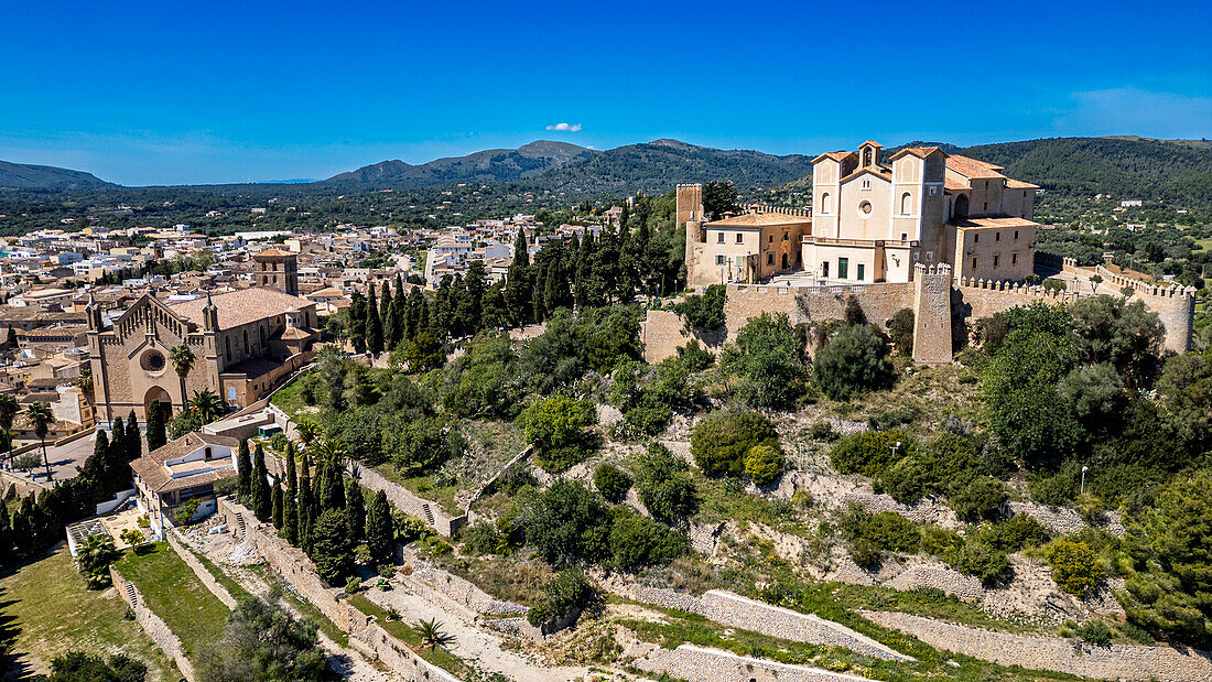 Aerial of Santuari de Sant Salvador, Arta, Mallorca, Balearic islands, Spain, Mediterranean, Europe