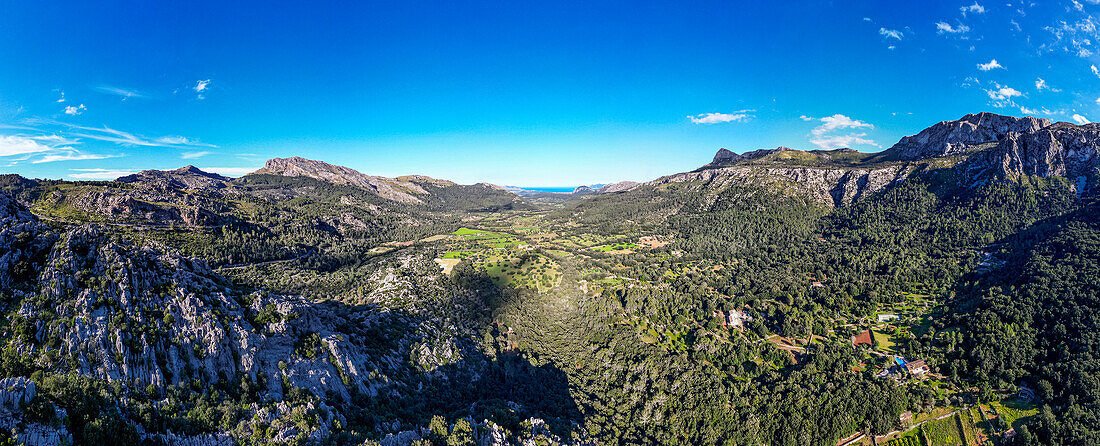 Aerial of the beautiful valley behind Pollenca, Mallorca, Balearic islands, Spain, Mediterranean, Europe