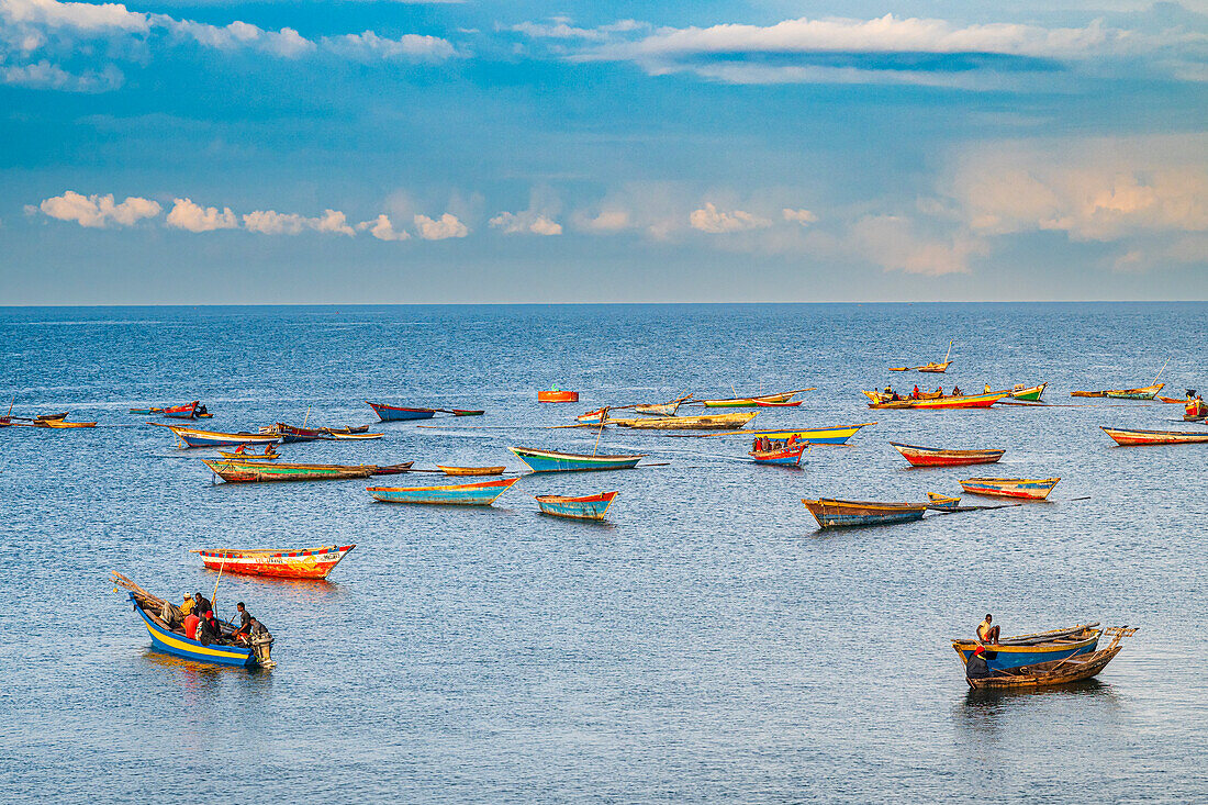 Colourful fishing boats in Kigoma, Lake Tanganyika, Tanzania, East Africa, Africa