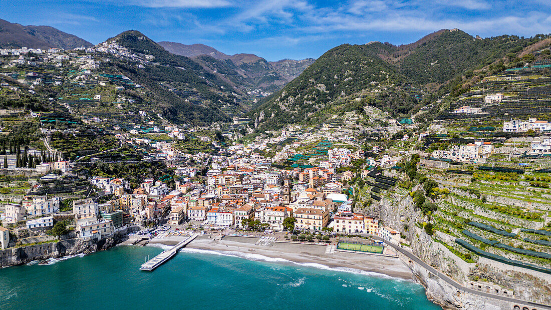 Aerial of Minori, The Amalfi Coast, UNESCO World Heritage Site, Campania, Italy, Europe