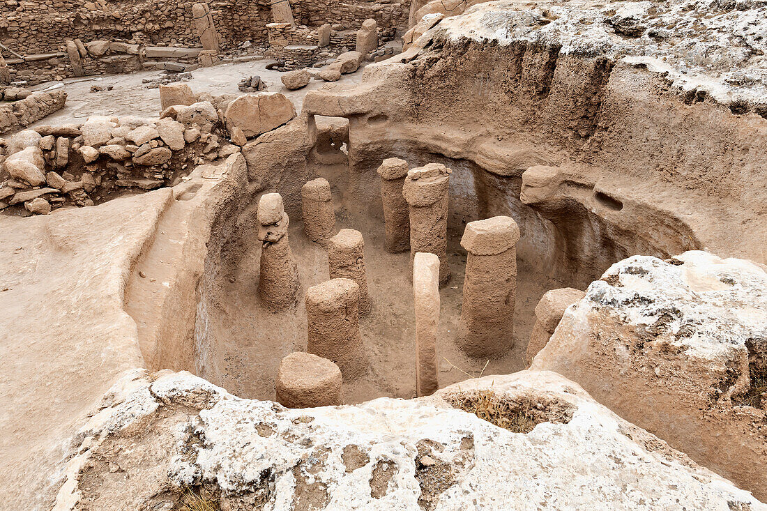 Neolithic archaeological site of Karahan Tepe, circular stone structure with T Shape pillars, Sanliurfa, Turkey, Asia Minor, Asia