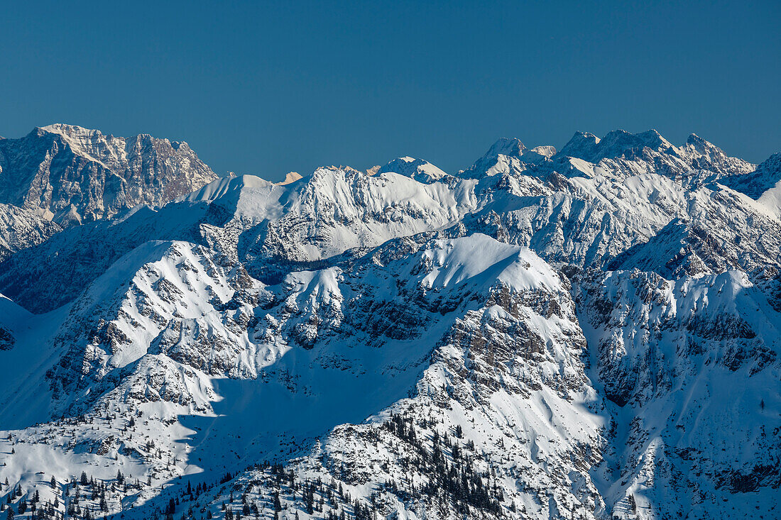 Blick vom Nebelhorngipfel auf die Allgäuer Alpen, Oberstdorf, Schwaben, Bayerische Alpen, Bayern, Deutschland, Europa