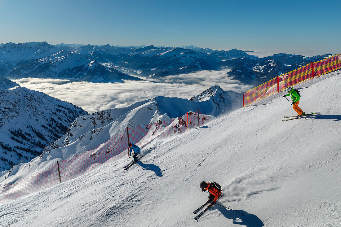 Skier on Nebelhorn summit, 2224m, Oberstdorf, Swabia, Bavarian Alps, Bavaria, Germany, Europe