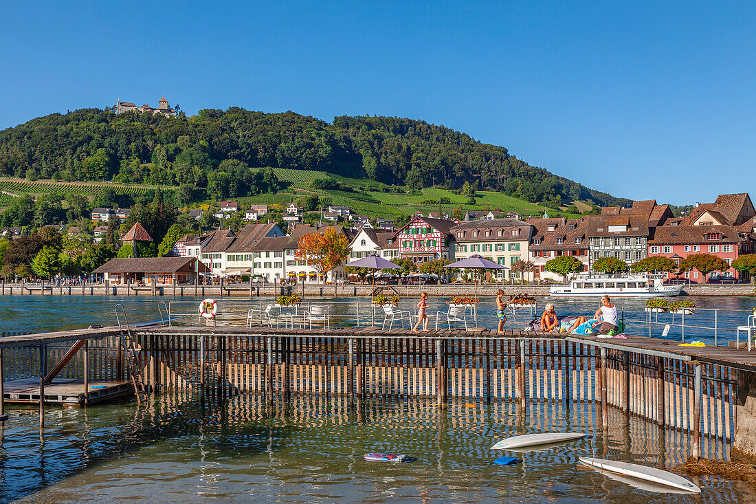 Teich und Rhein, mit Burg Hohenklingen und Altstadt, Stein am Rhein, Kanton Schaffhausen, Schweiz, Europa