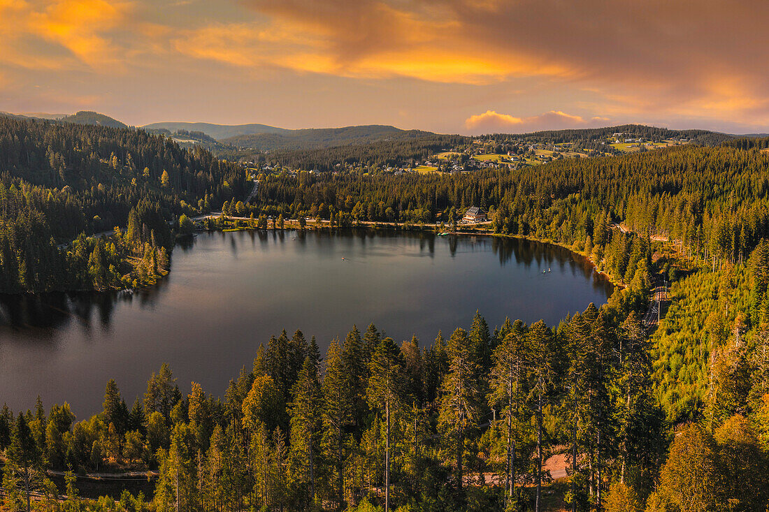 Aerial of the Windgfallweiher reservoir, Schwarzwald (Black Forest), Baden-Wurttemberg, Germany, Europe