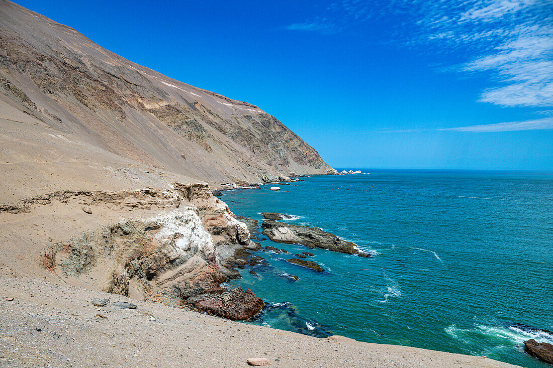 Coastline and recovery place of the Chinchorro Mummies, UNESCO World Heritage Site, Camarones Valley, northern Atacama desert, Chile, South America