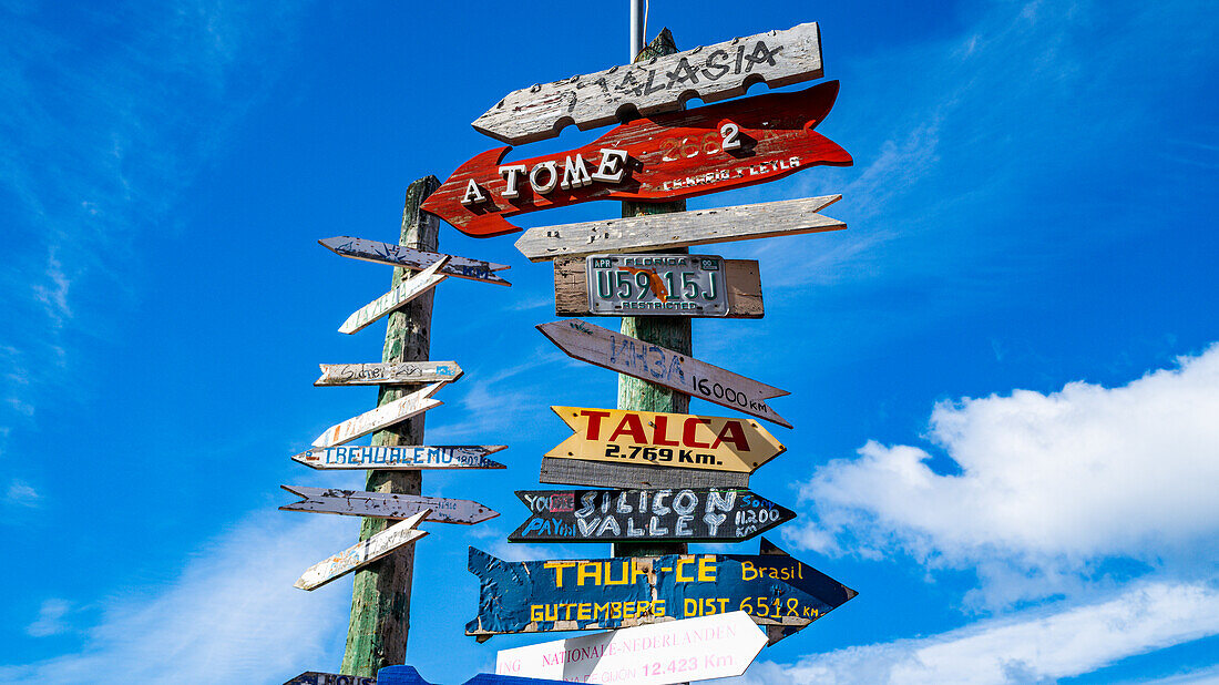 Worldwide signs, Punta Arenas, Patagonia, Chile, South America