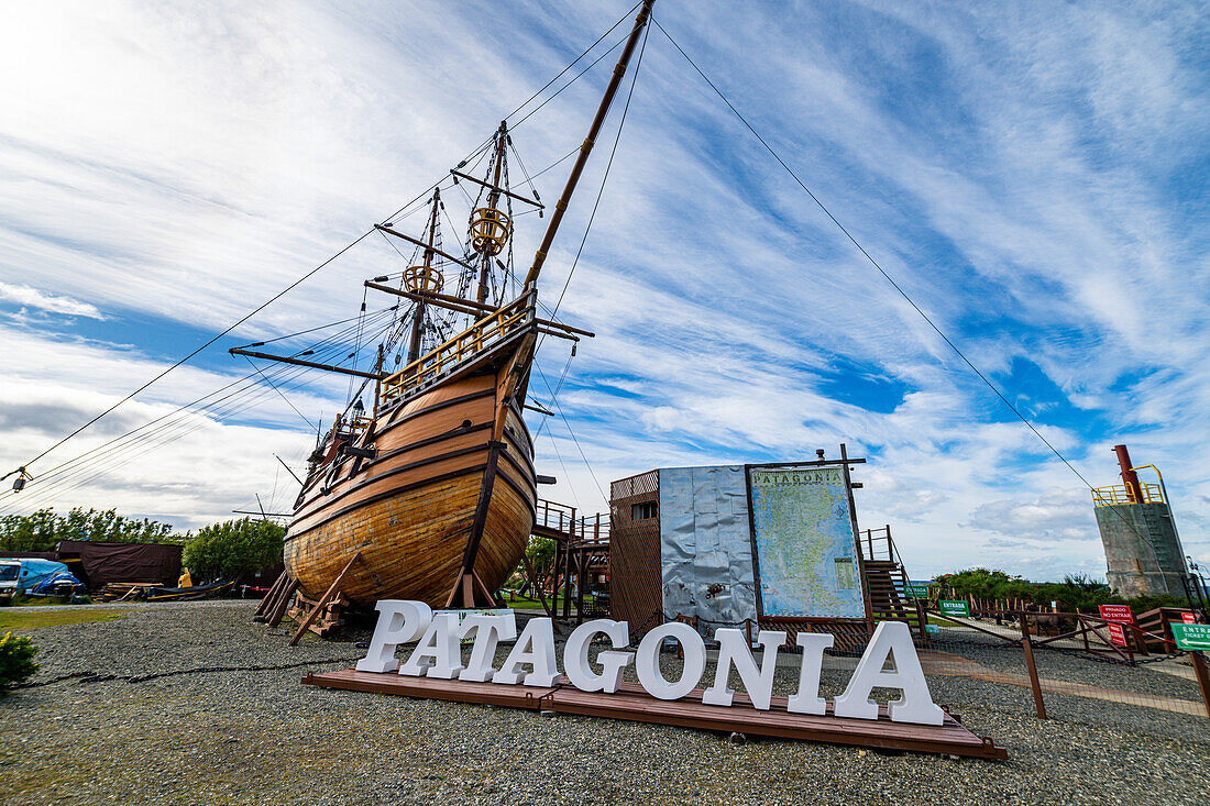 Replica of historic ship, Nao Victoria Museo, Shoreline of Punta Arenas, Patagonia, Chile, South America