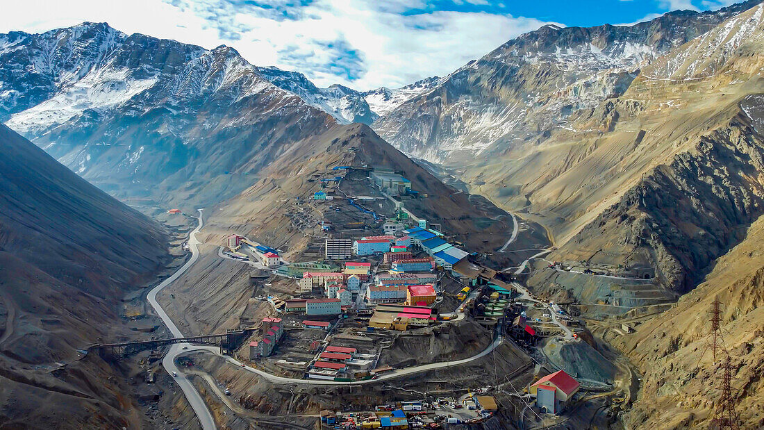 Aerial of Sewell Mining Town, UNESCO World Heritage Site, Chile, South America