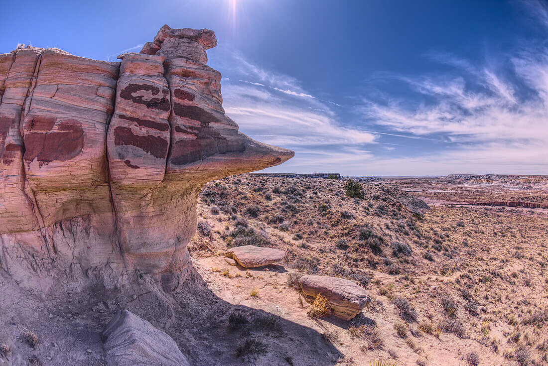 Ein Felsüberhang in Form eines Entenkopfes westlich von Hamilili Point am Südende des Petrified Forest National Park, Arizona, Vereinigte Staaten von Amerika, Nordamerika