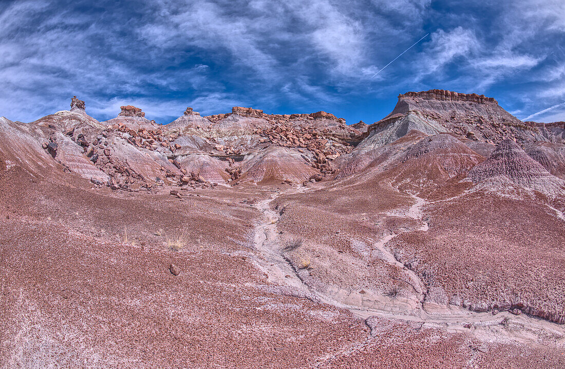 Crumbling cliffs of a mesa near Hamilili Point in Petrified Forest, Arizona, United States of America, North America