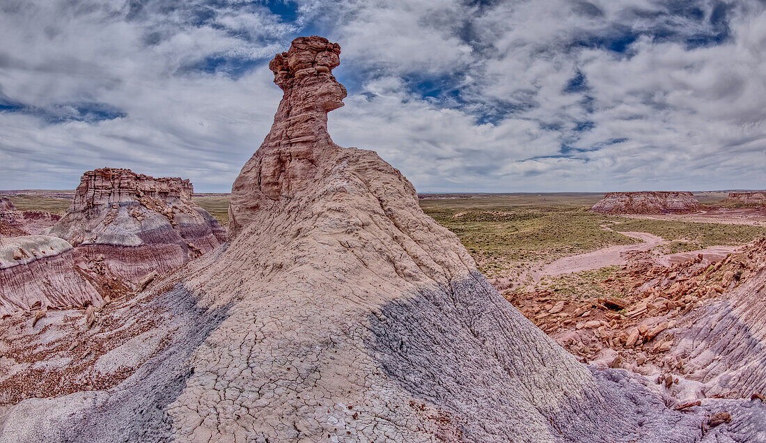 A hoodoo spire shaped like a Horse Head, in the valley below Blue Mesa of Petrified Forest National Park, Arizona, United States of America, North America