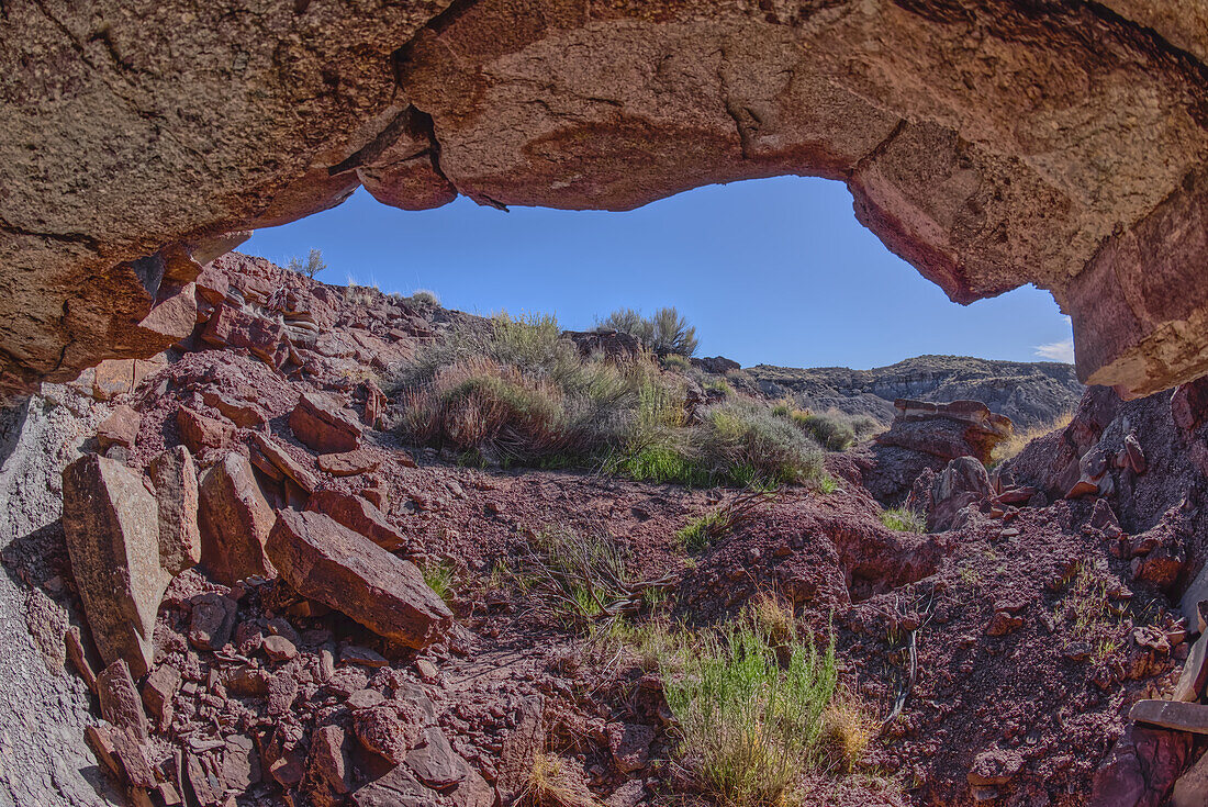 A cliff cave below Crystal Mesa west of Hamilili Point in Petrified Forest National Park, Arizona, United States of America, North America