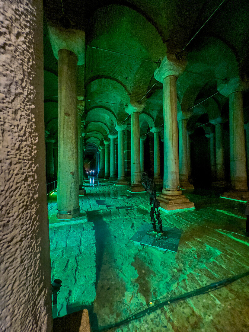 Basilica Cistern with green illumination, Istanbul, Turkey, Europe