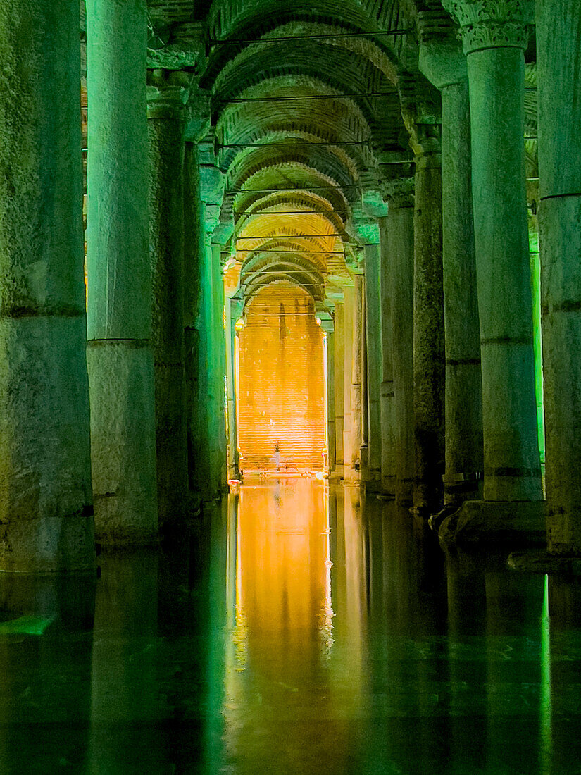 Basilica Cistern with green illumination, Istanbul, Turkey, Europe