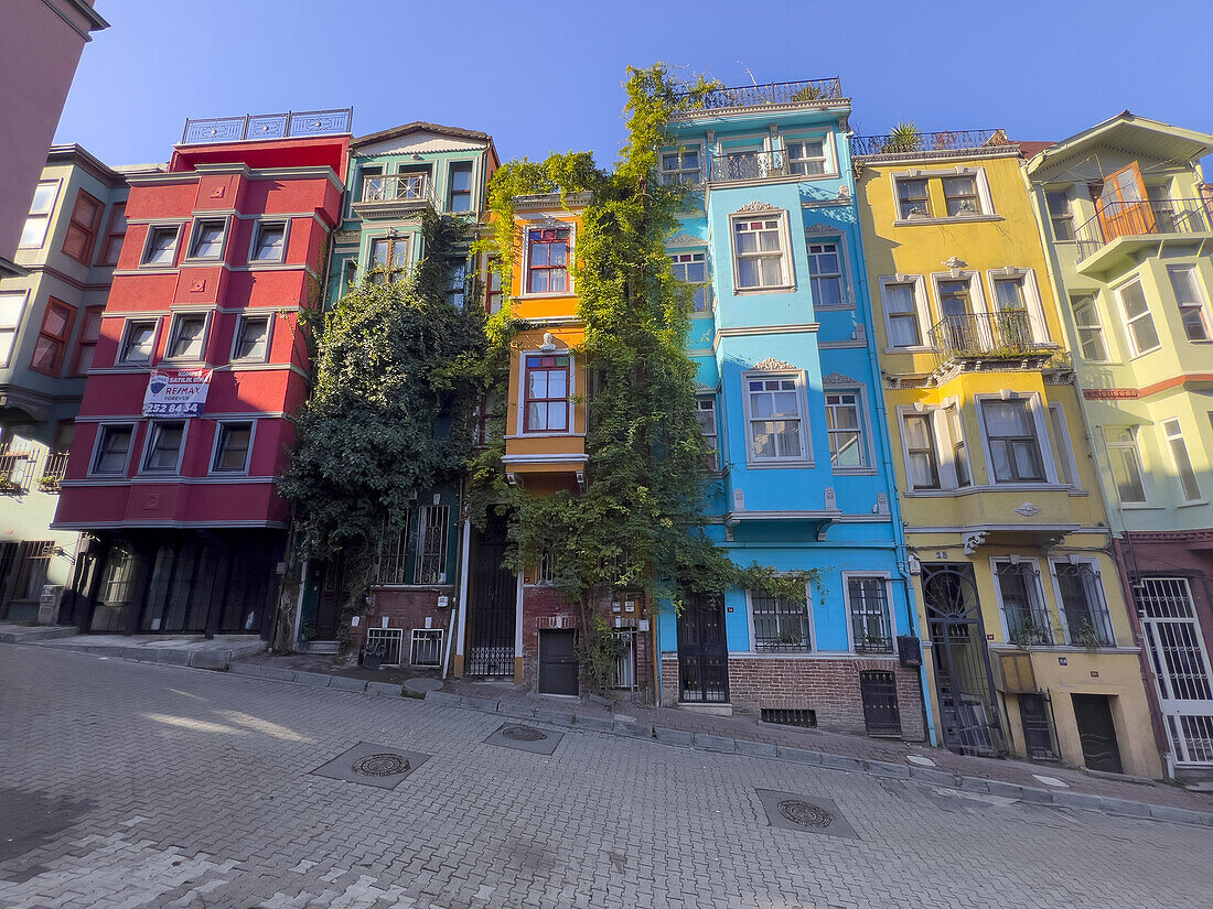 Colourful houses in the Balat district of Istanbul, Turkey, Europe