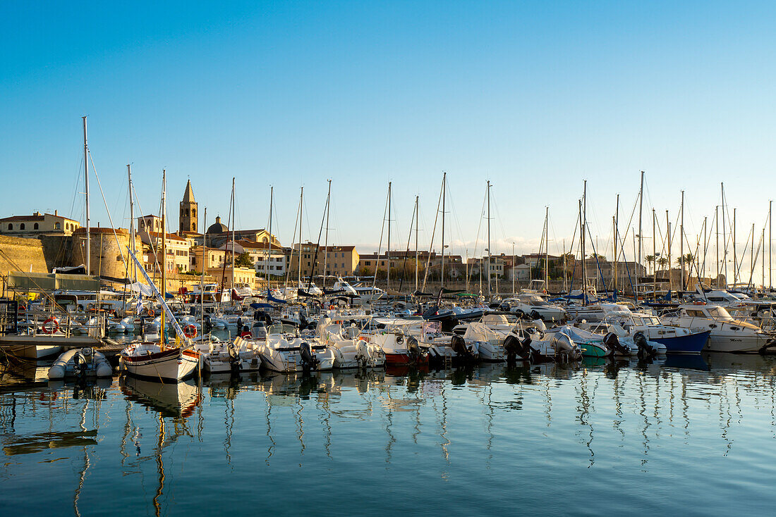 Alghero city marina with boats and yachts, Alghero, Sardinia, Italy, Mediterranean, Europe