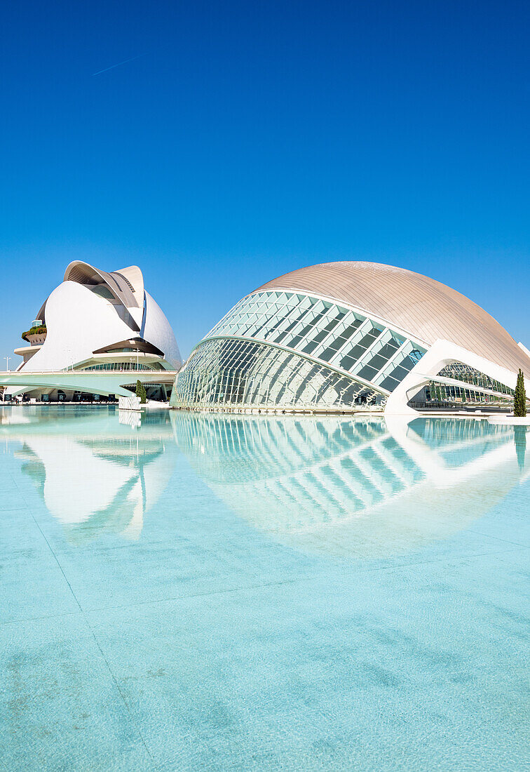 Spiegelungen im Palau de les Arts Reina Sofia (Kunstpalast der Königin Sofia) und im Museu de les Ciencies Principe Felipe (Wissenschaftsmuseum Principe Felipe) der Ciudad de las Artes y las Ciencias (Stadt der Künste und der Wissenschaften), Valencia, Spanien, Europa