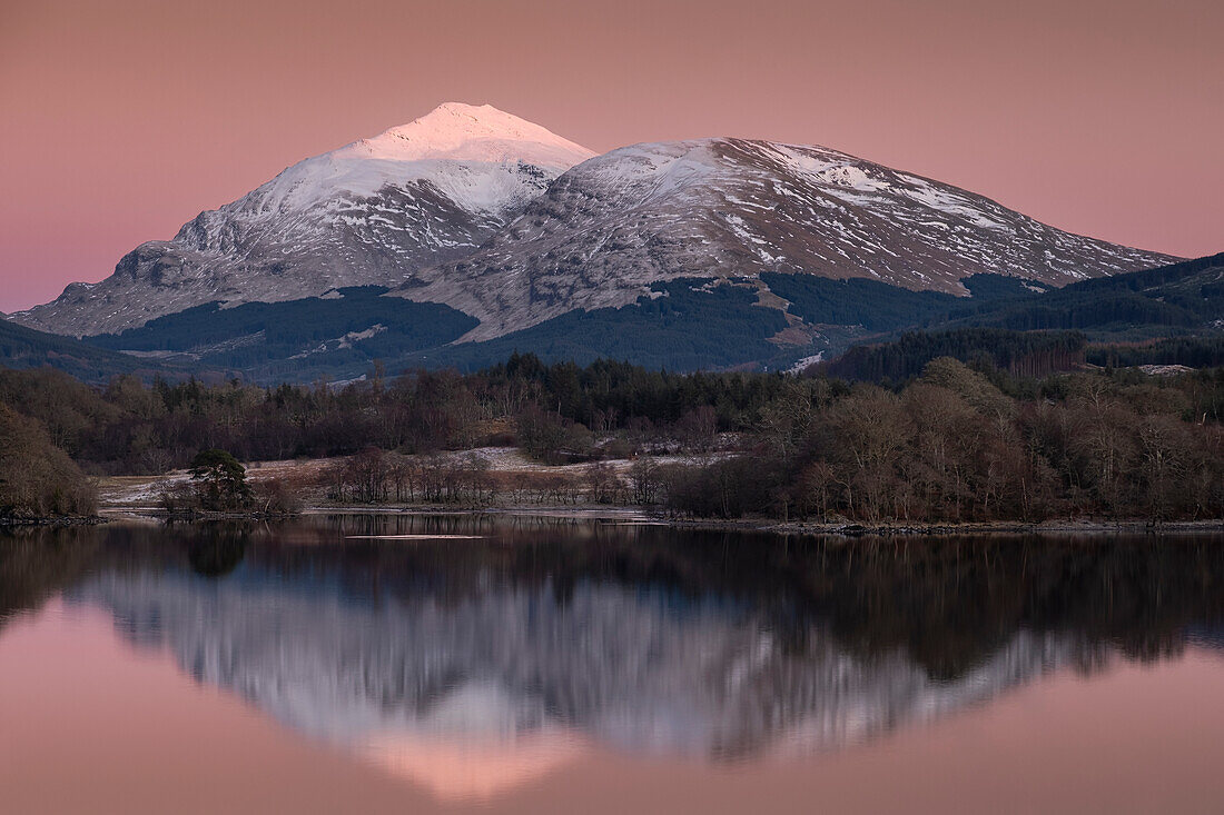 Last light on Ben Lui across Loch Awe at dusk, Loch Awe, Argyll and Bute, Scottish Highlands, Scotland, United Kingdom, Europe