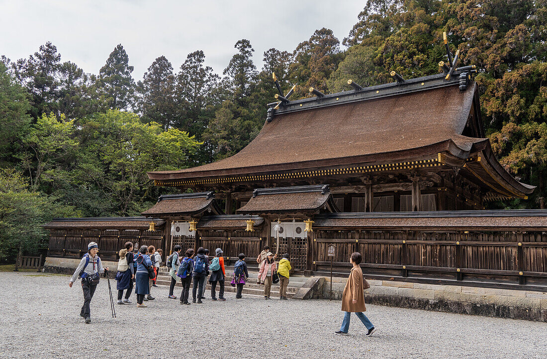 Pilgrims and views of the Kumano Hongu Shrine along the Kumano Kodo ancient pilgrimage route near Hongu, Honshu,  Japan, Asia