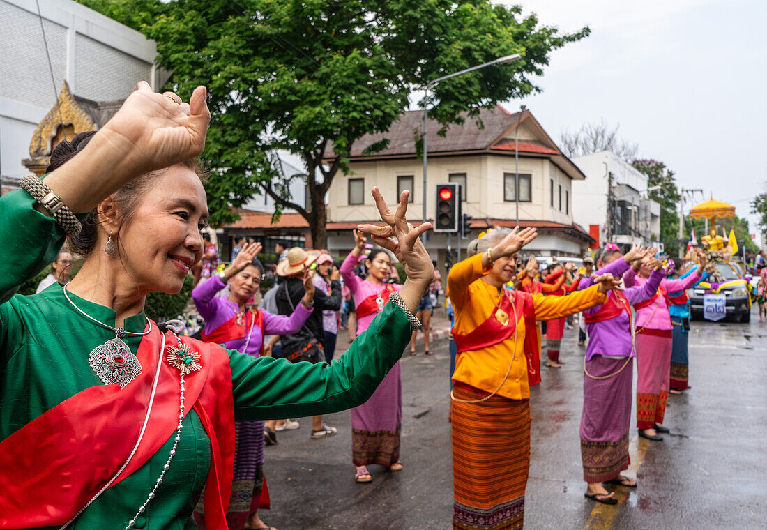 Songkram Thai Buddhist New Year parade, blessings and water battles celebrations in Chiang Mai, Thailand, Southeast Asia, Asia