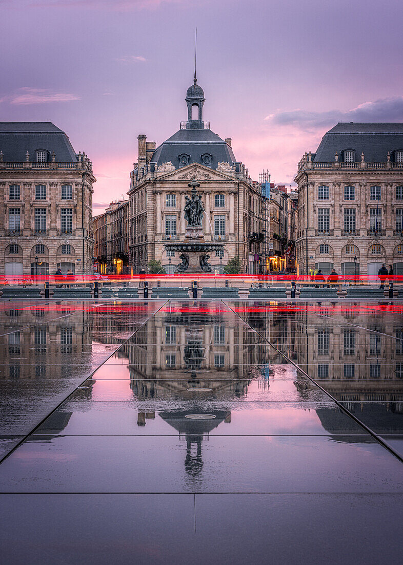 Sunset at Place de la Bourse at blue hour, Bordeaux, Gironde, Aquitaine, France, Europe