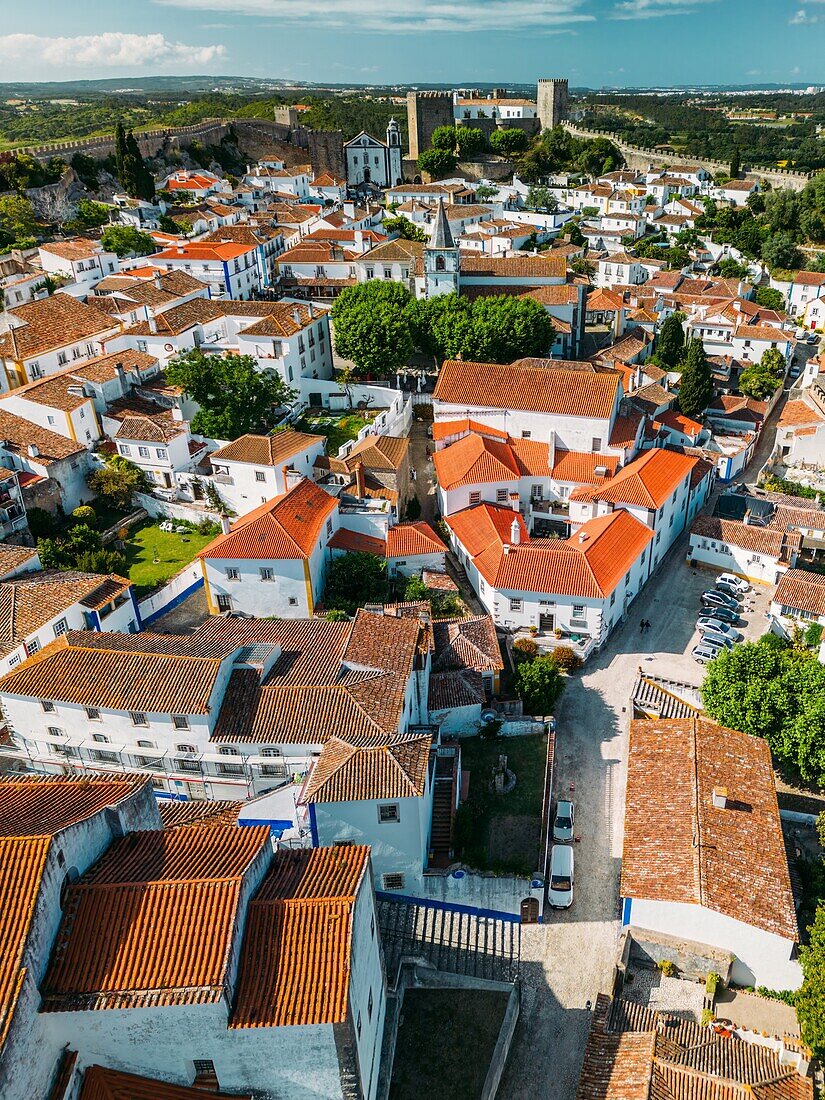 Aerial drone view of Obidos, a town in the Oeste region, historical province of Estremadura and Leiria district, Portugal, Europe