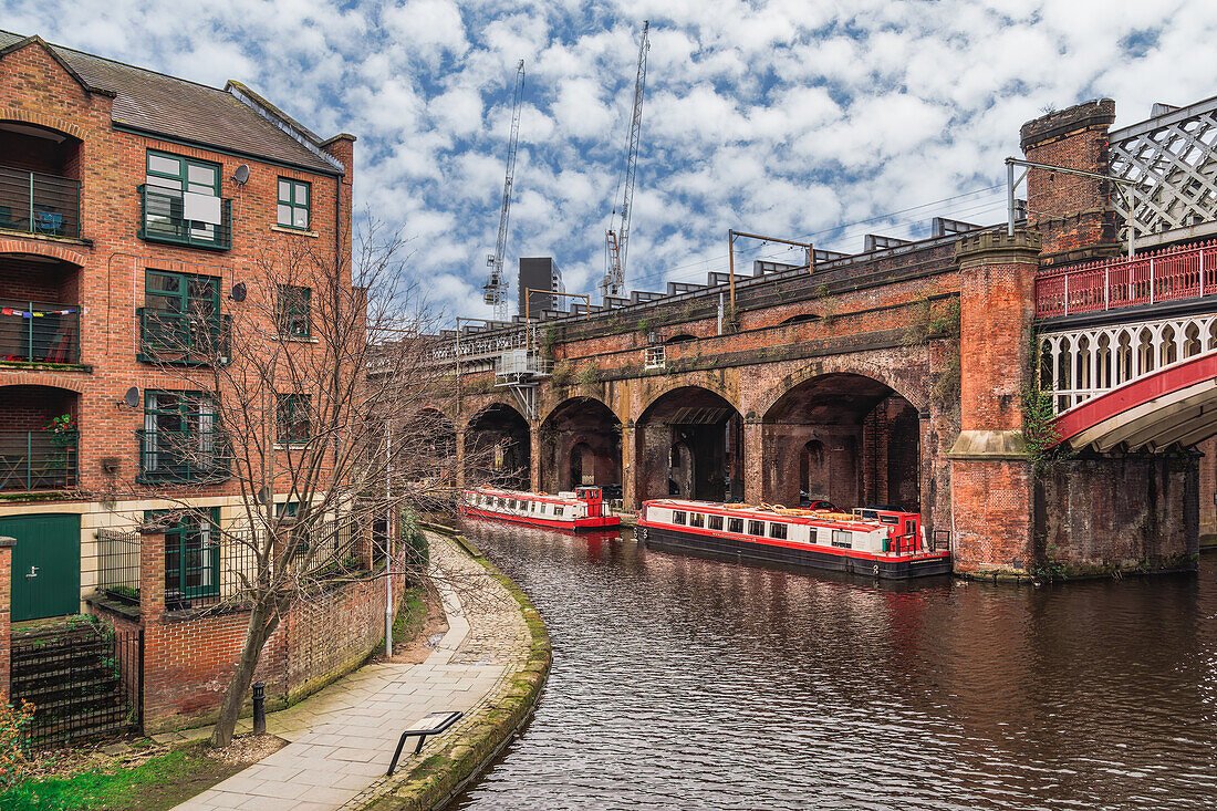 Castlefield neighbourhood canals with moored cruise narrowboats on the waterfront, Manchester, England, United Kingdom, Europe