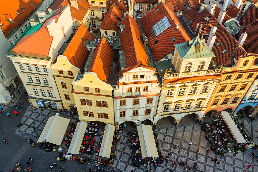 Elevated view of houses by Old Town City Hall at Old Town Square, UNESCO World Heritage Site, Prague, Czech Republic (Czechia), Europe