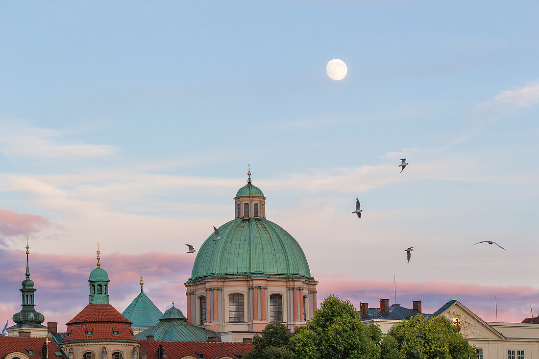 Dome of St. Francis of Assisi Church at dusk, UNESCO world Heritage Site, Old Town, Prague, Czech Republic (Czechia), Europe