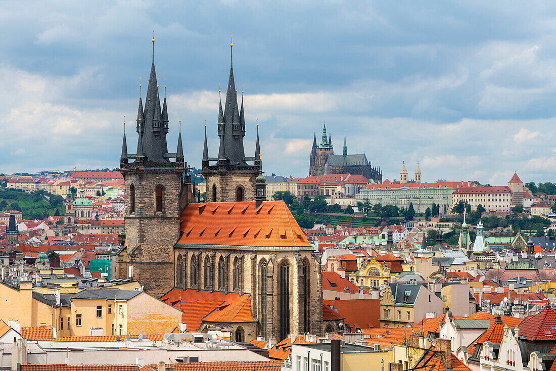 Church of Our Lady Before Tyn and Prague Castle as seen from Powder Tower, UNESCO World Heritage Site, Prague, Bohemia, Czech Republic (Czechia), Europe