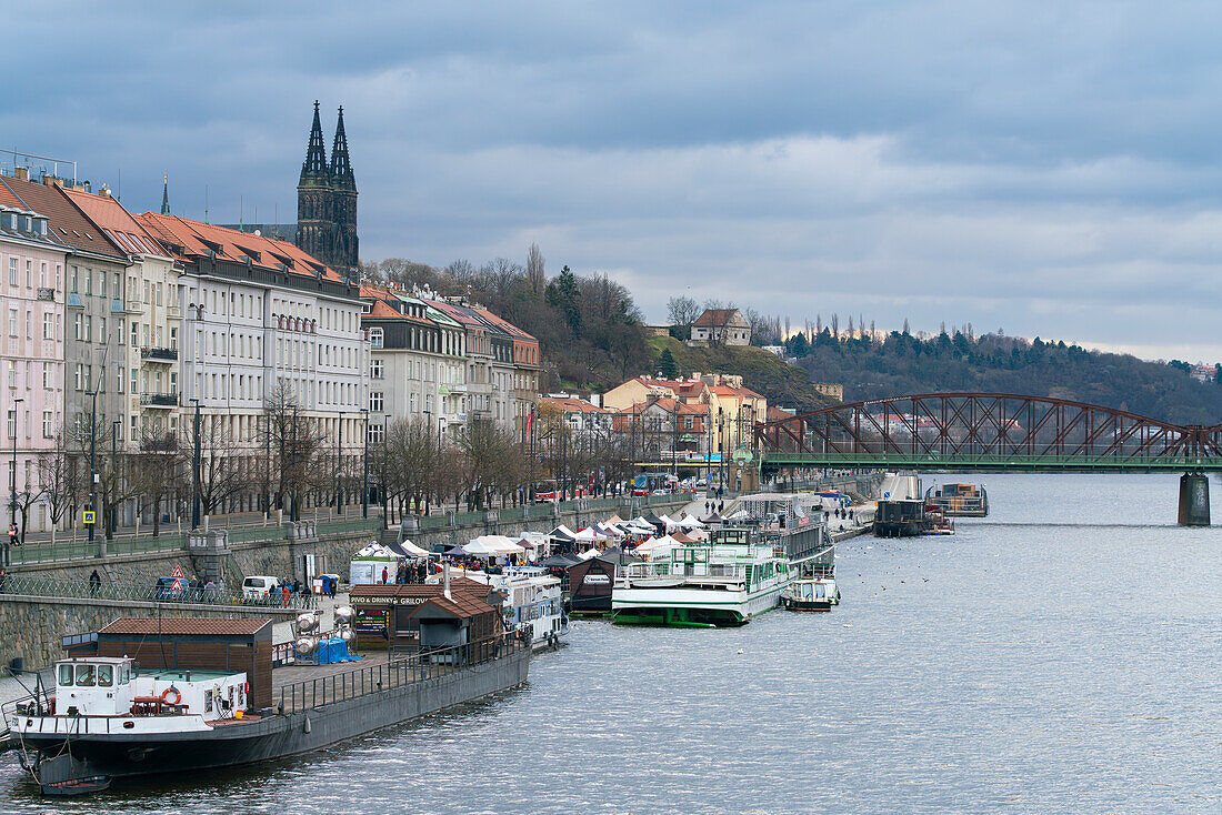 Farmers market on Vltava riverside close to Palackeho namesti and Vysehrad church in background, Prague, Czech Republic (Czechia), Europe