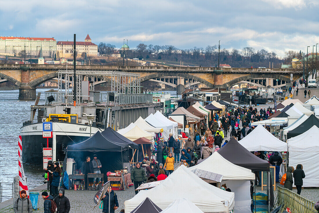 Farmers market on Vltava riverside near Palackeho namesti, Prague, Czech Republic (Czechia), Europe