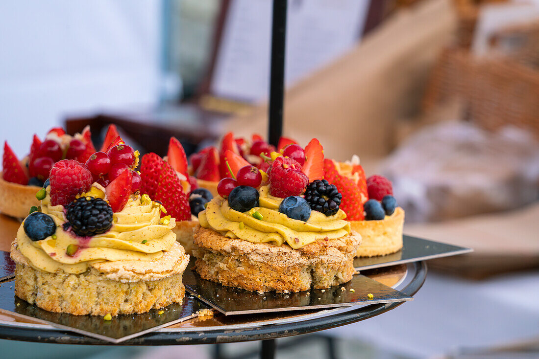 Sweet pastry on display at farmers market on Vltava riverside near Palackeho namesti, Prague, Czech Republic (Czechia), Europe