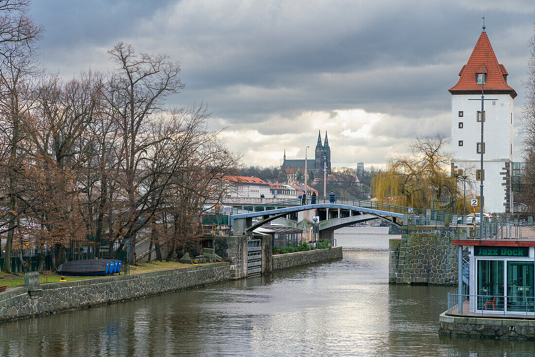 Lesser Town Water Tower, bridge to Children's Island (Detsky ostrov) and Vysehrad Fortress in background, Prague, Czech Republic (Czechia), Europe