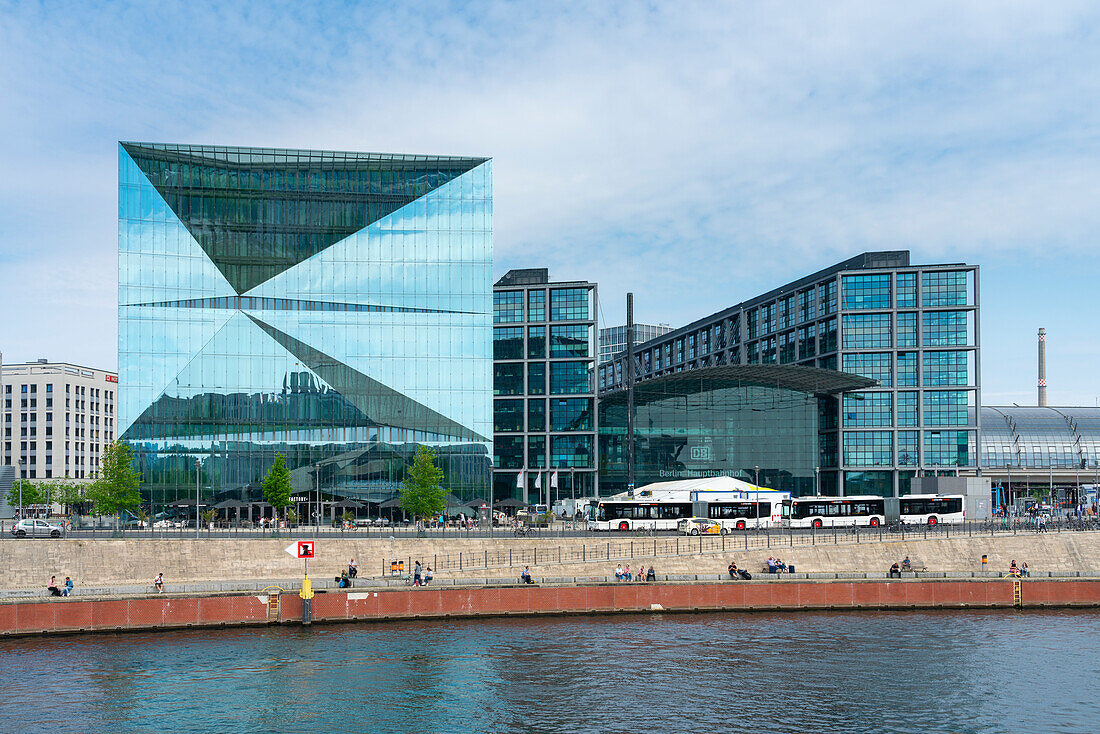 Modern 3XN Cube Berlin and Berlin Main Train Station by Spree River, Berlin, Germany, Europe