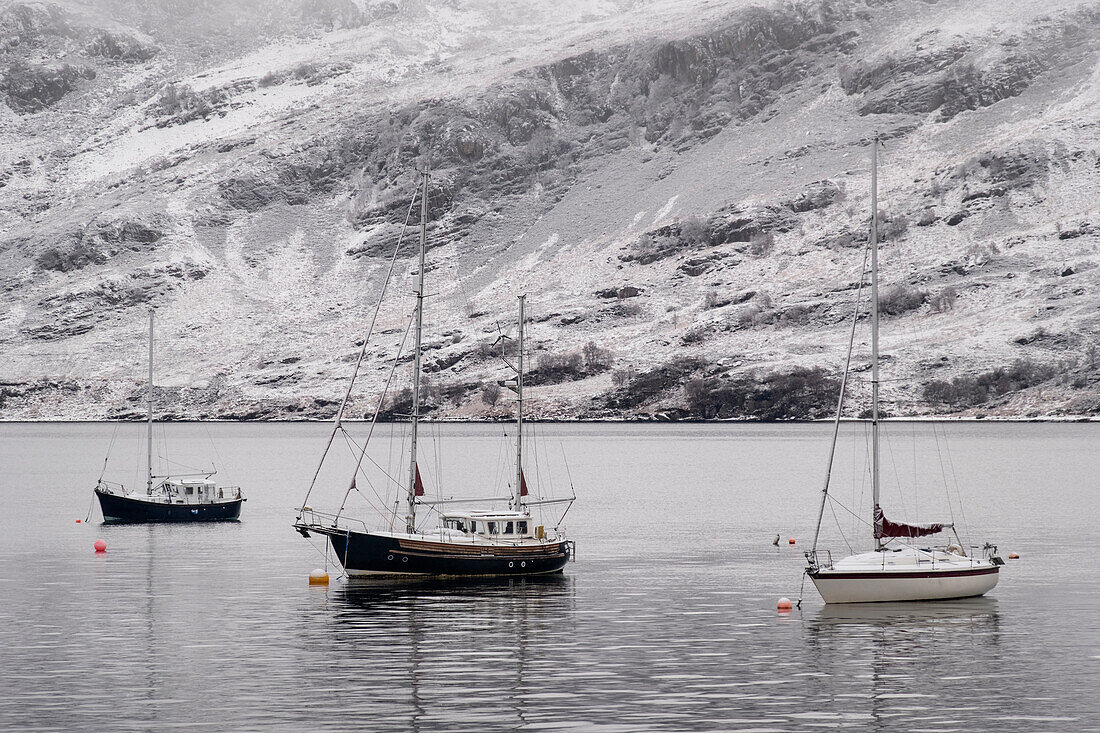 Pleasure Yachts anchored on Loch Broom in winter, Ullapool, Ross and Cromarty, Scottish Highlands, Scotland, United Kingdom, Europe